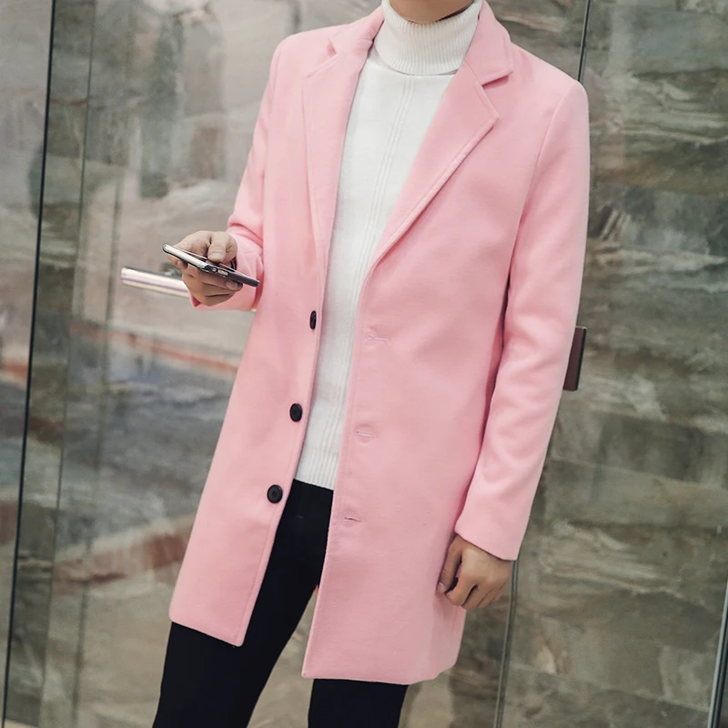 New Fashion 2017 Men's Trench Coat Pink Khaki Long Style WindBreaker