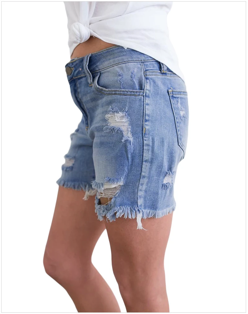 Сексуальные шорты с низкой посадкой, рваные джинсовые шорты для женщин, элегантные женские Стрейчевые мини синие джинсовые шорты с бахромой, большие размеры