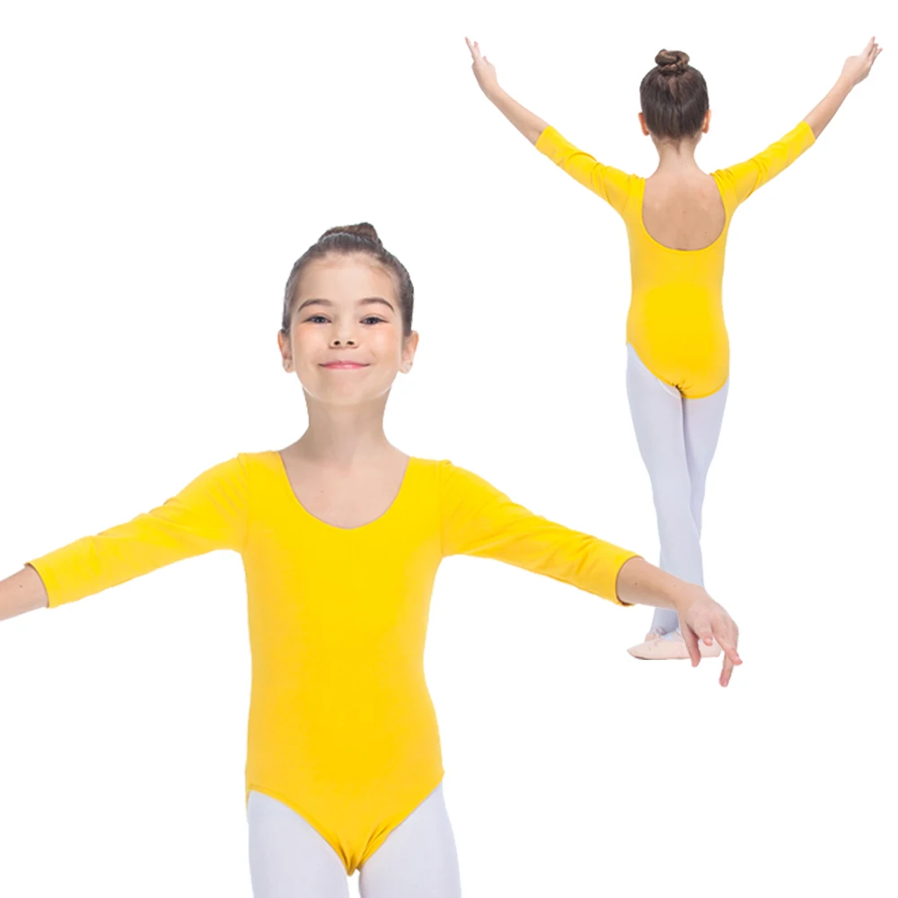Yellow 3/4 Sleeves Ballet Dancing Leotard with Drawsting Front Cotton