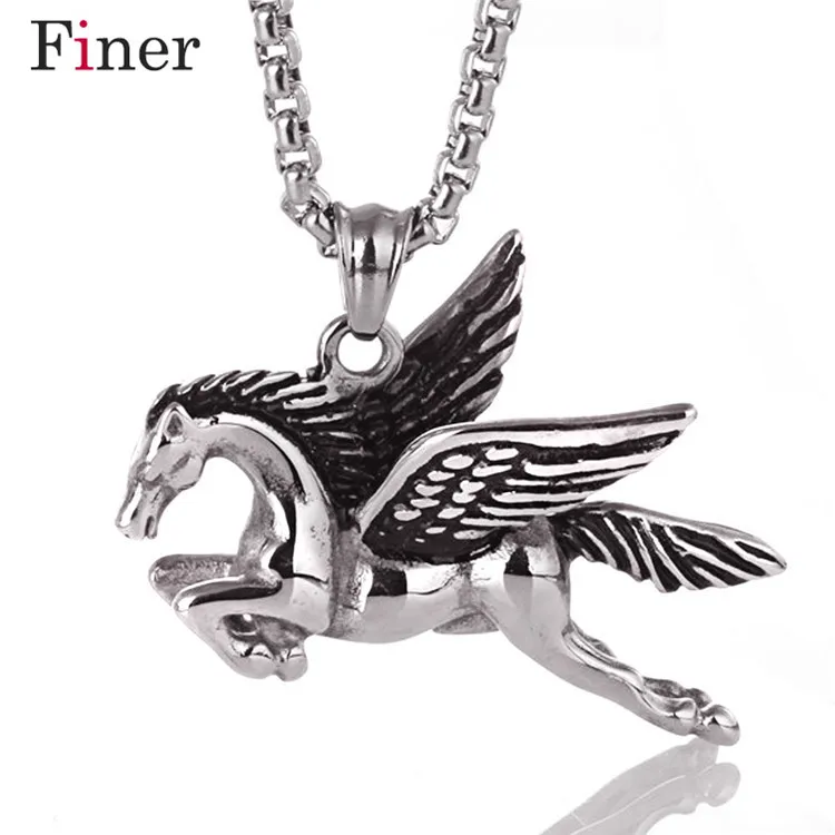 

Peagasus Horse Pendant Necklace Men Stainless Steel Chain Wing Horse Necklace Personalized Greek Mythology Jewelry 23in