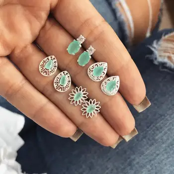 

4 Pairs/Set Green Crystal Flower Stud Earrings for Women Wedding Boucle D'oreille Jewelry Dazzling Cubic Zirconia Opal Brincos