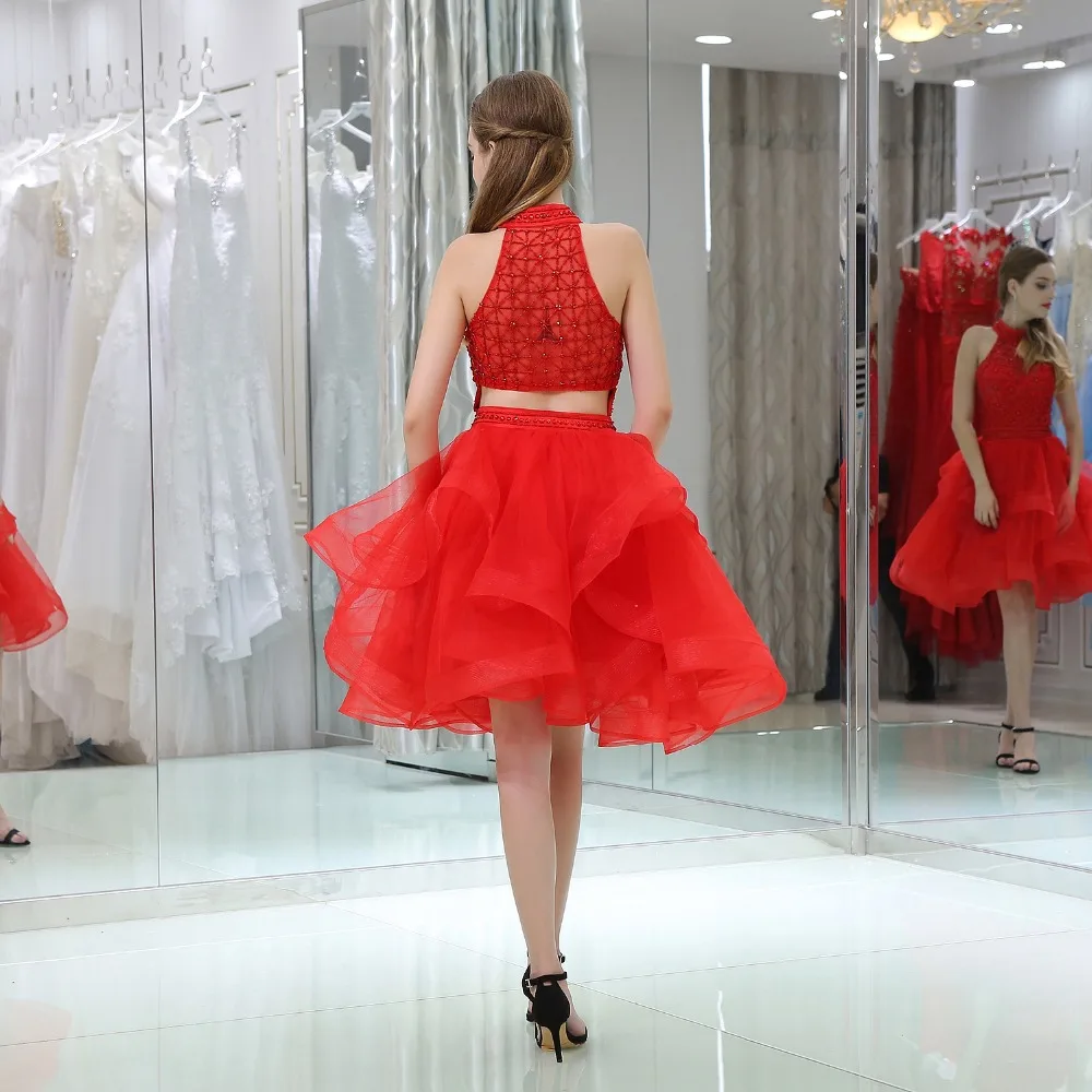 JaneVini 2018 платье из двух частей красные бусинки Короткие бальные платья органза линия оборками Плюс размеры платье подружки невесты по
