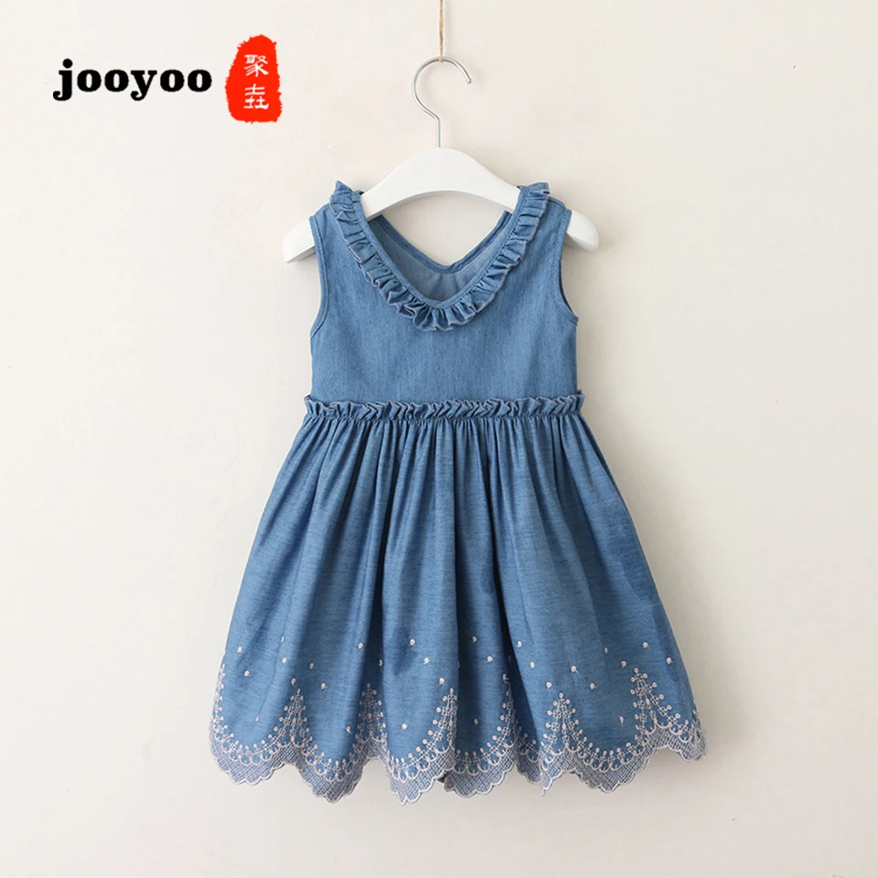 

Spring Summer V-neck Denim Baby Girls Dress Cotton Embroidered Princess Dress Baby Girl Clothes Kids Dress For Girls jooyoo