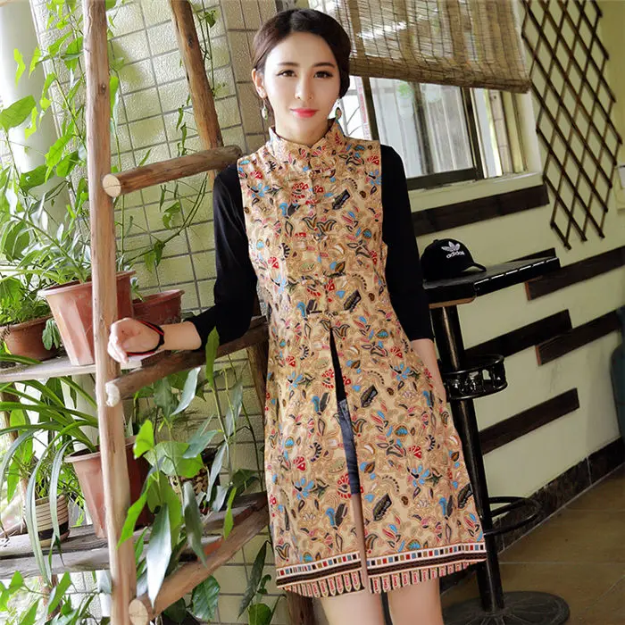 Woman Vest New Arrival Chinese Style Women Sleeveless Jacket Vintage Print Long Slim Ethnic Waistcoat Cotton Linen Tops f1073 - Цвет: yellow print