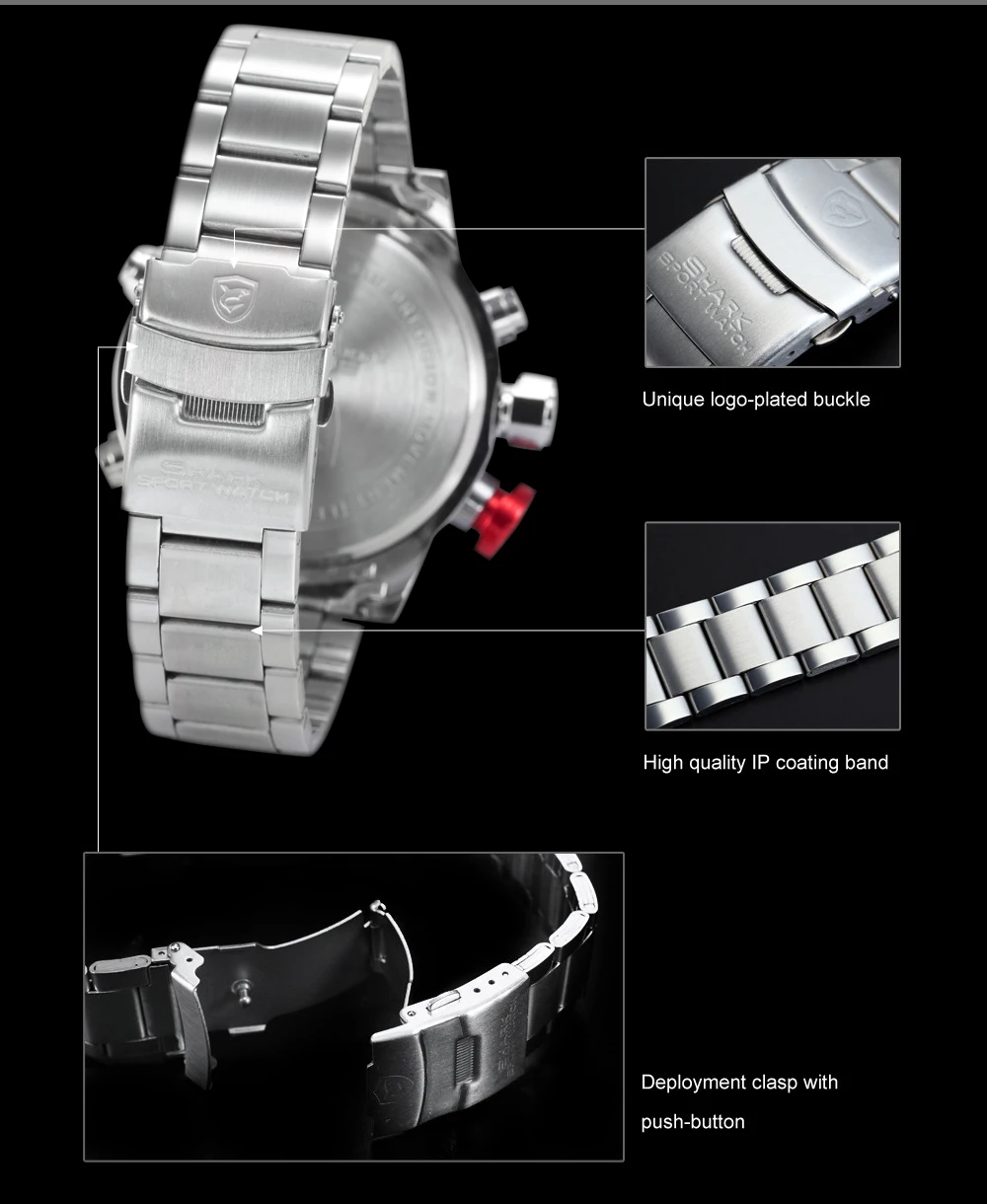 Акула Бренд Часы нержавеющей полный стали из светодиодов двойной механизм аналоговый цифровой дата день сигнальные мужчины наручные часы спорт военная часы мужчины / SH104