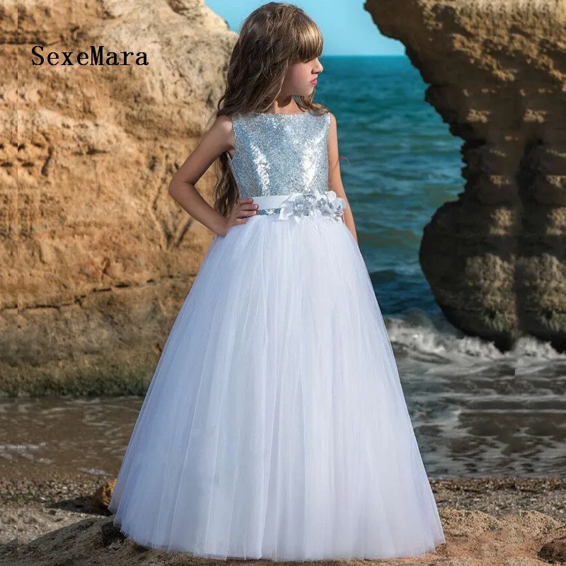

White Flower Girls Dresses For Weddings Jewel Neck Silver Sequins Birthday Dress Children Party Kid Girls Party Gown