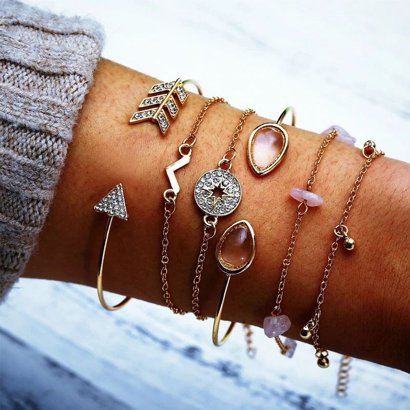 

6 Pcs/Set Boho Women Water Drops V Shaped Compass Crystal Beads Chain Pendant Multilayer Bracelet Charm Adjustable Jewelry