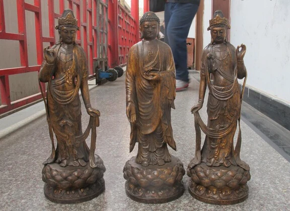 

xiuli 002875 Tibet Buddhism Old Bronze Three Saints of the West Buddha Sakyamuni Kwan-yin Set