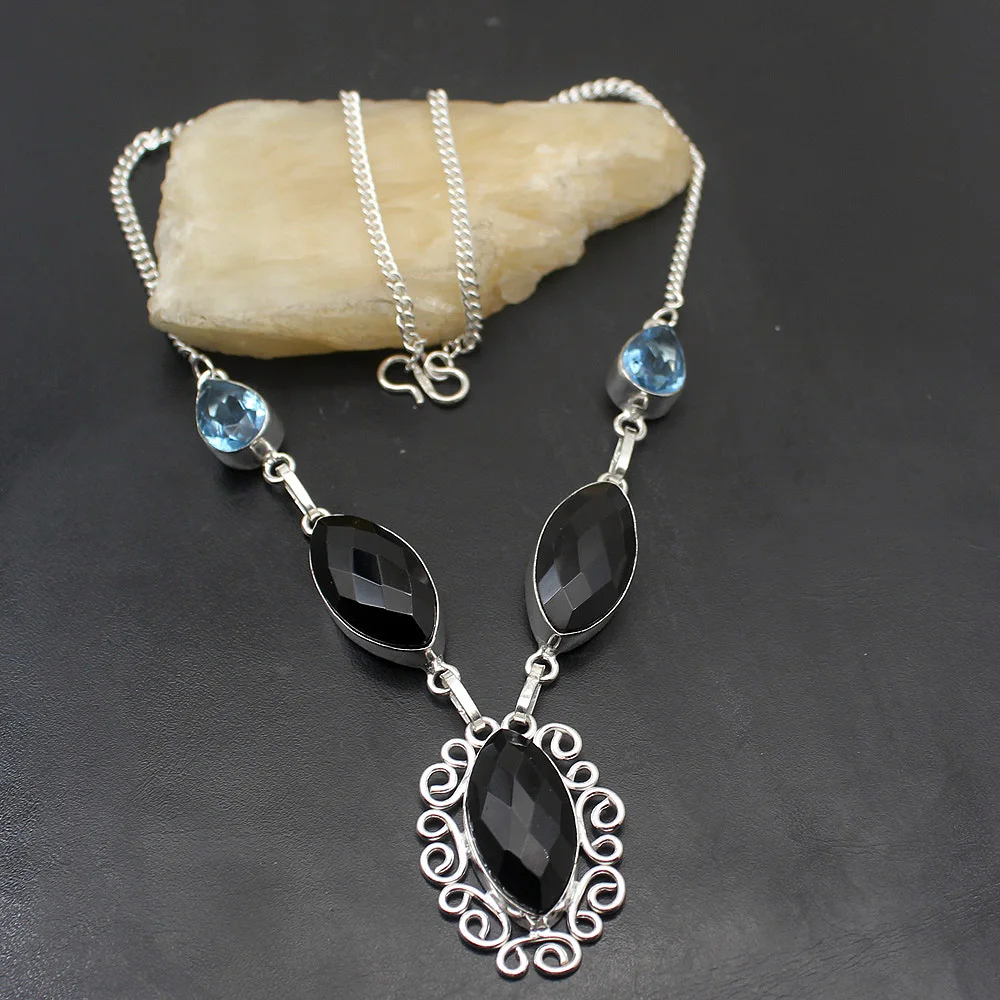 Fantasy Unique Black Onyx BlueTopaz 925 Sterling Silver Color Chain Pendant Necklace 19 Inch TF806 | Украшения и аксессуары