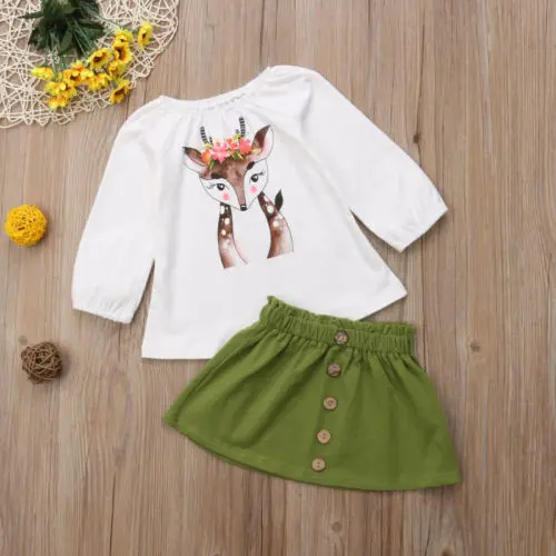 Комплект одежды для маленьких девочек, футболка с длинным рукавом и принтом оленя+ юбка на пуговицах, одежда для детей от 1 до 5 лет