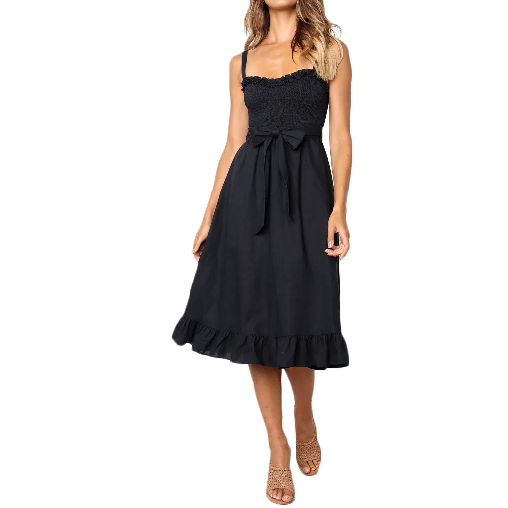 

Women Spaghetti Strap Off Shoulder Backless Bow Solid Color Summer Beach Dress For Woman's Party Night Sundress#TF