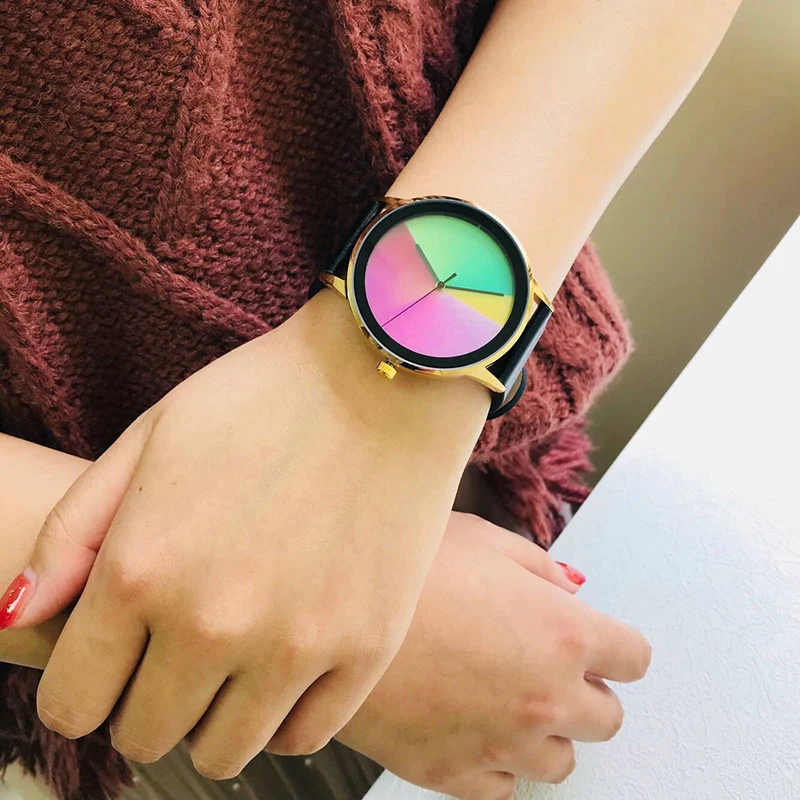 

AMUDA Ladies Creative Fashion Style Rainbow Quartz Wristwatches Women Waterproof Leather Strap Watches Female Relogio Feminino