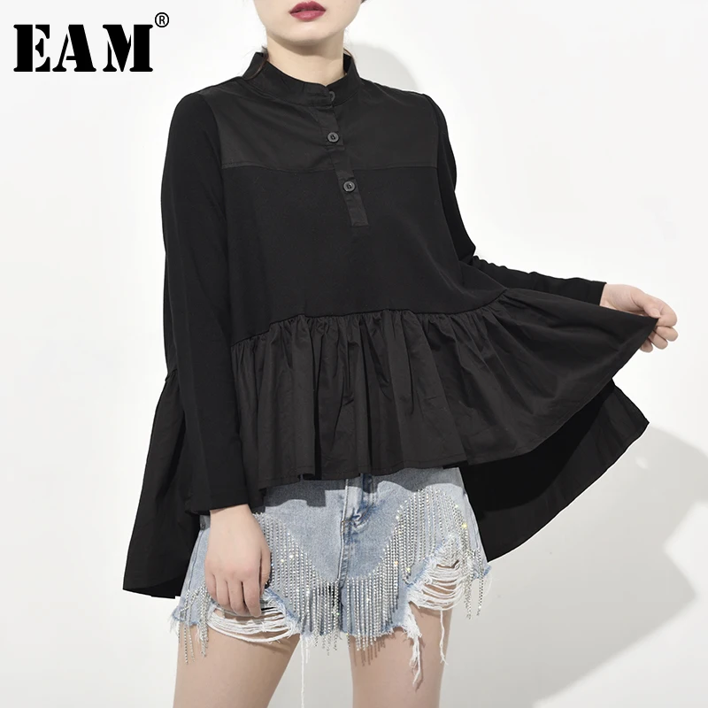 

[EAM] 2019 New Autumn Winter Stand Collar Long Sleeve Loose Pleated Back Long Irregular Shirt Women Blouse Fashion Tide JQ0160