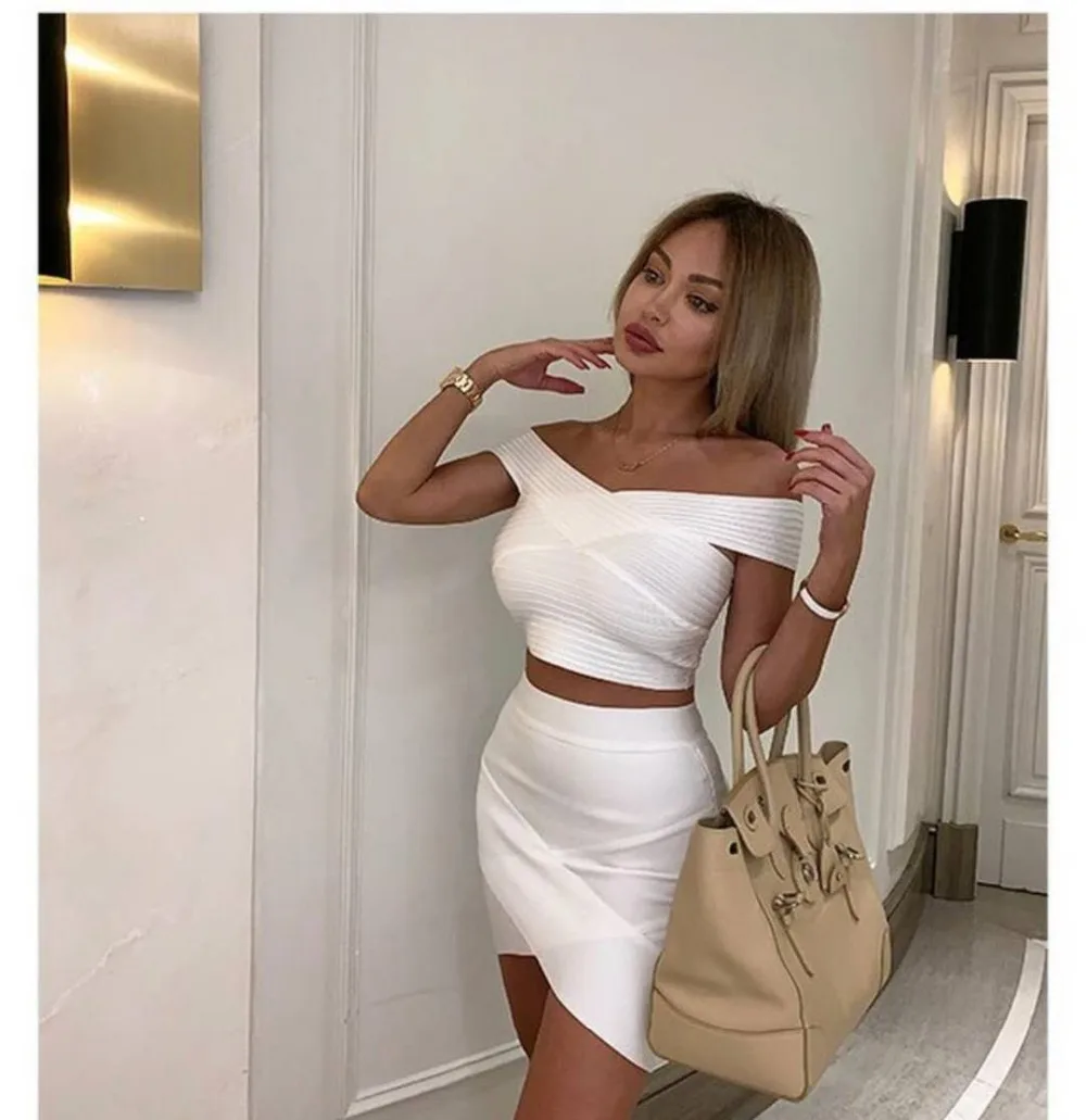 Free Shipping New Summer Dress Women 2022 Sexy Off the shoulder 2 Pieces White Bandage Dress Elegant Party Dress Vestido