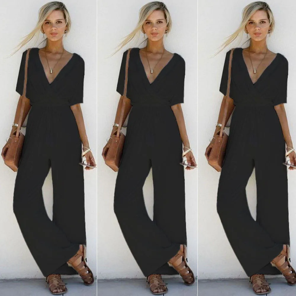 

CHAMSGEND Women V Neck Playsuit Party Ladies Bodysuit Short Sleeve Long Jumpsuit playsuit Drop Shipping 3m22*