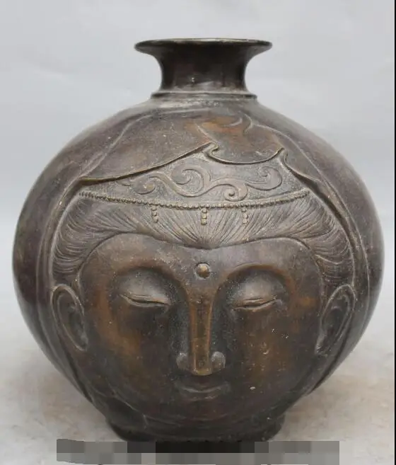 

S3192 12"Marked Chinese Bronze Kwan-yin Happy Laugh Maitreya Buddha Vase Bottle Statue