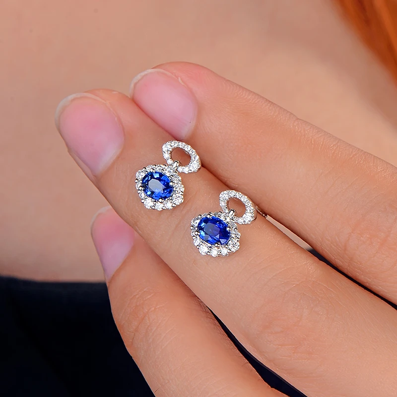 Caimao 0.95ct Blue Sapphire with 0.40ct H SI Diamond 14K White Gold Earrings Studs for Women