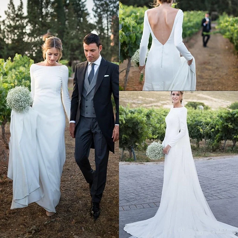 

New Country Wedding Dresses Long Sleeves Bateau Sheath Backless Court Train Dress For Bridal Gowns Vestidos De Noiva Cheap Custo
