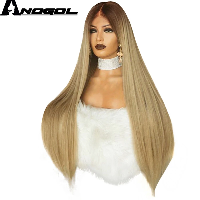 Anogol высокое температура волокно 360 фронтальная длинные прямые коричневый Ombre блондинка Полный волос Искусственные парики синтетическ
