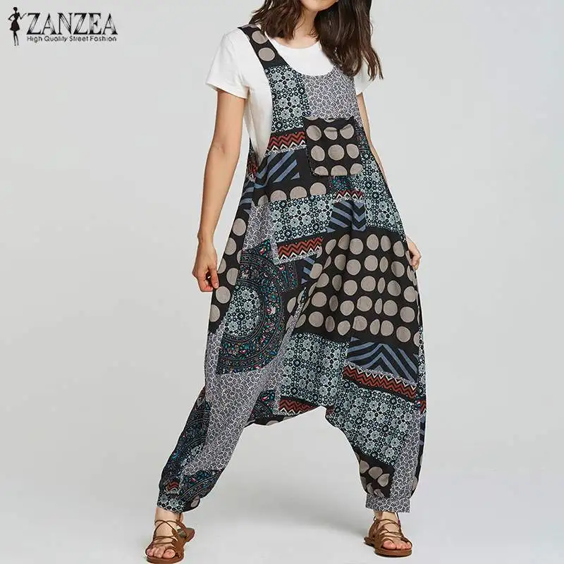 Плюс размер комбинезона Женские карго комбинезоны 2019 ZANZEA винтажный принт комбинезон для женщин льняные брюки передние карманы Macacao Feminino