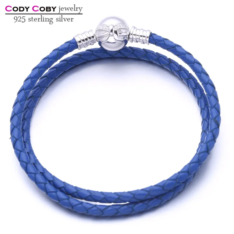 

Real Double Blue Leather Snake Chain Bracelets with 925 Sterling Silver Knot Clasp Bow Bracelet For cody coby charms Women Men