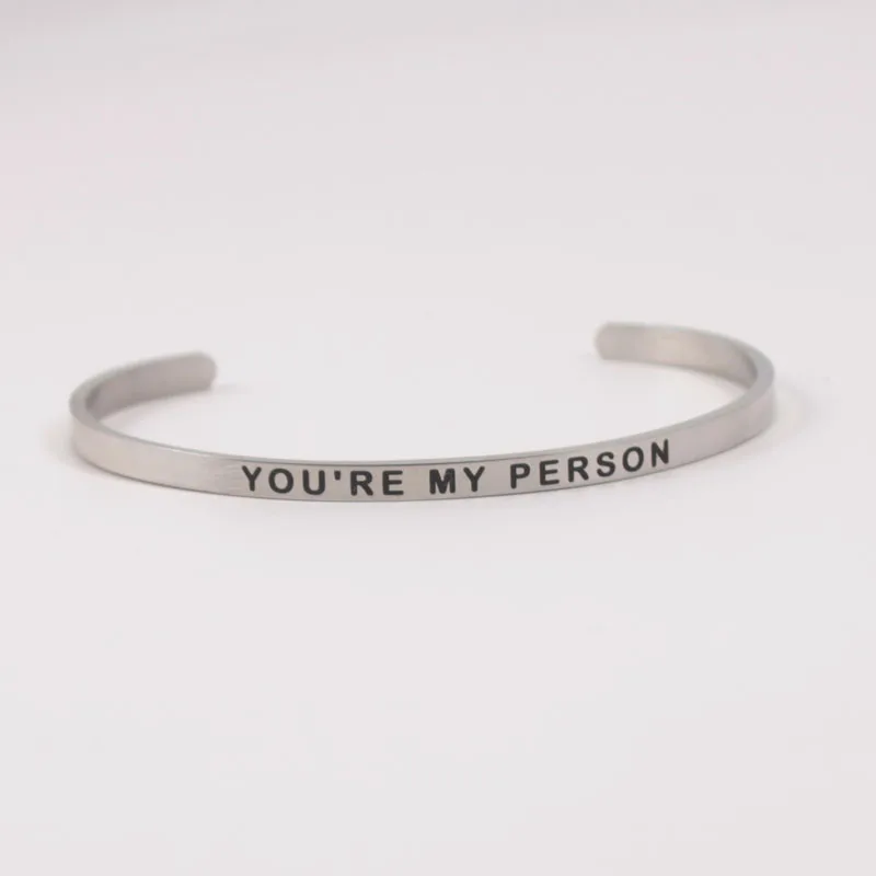 

4MM "YOU ARE MY PERSON" Stainless Steel Engraved Positive Inspirational Quote Cuff Mantra Bracelet Initial Engraved Bangle