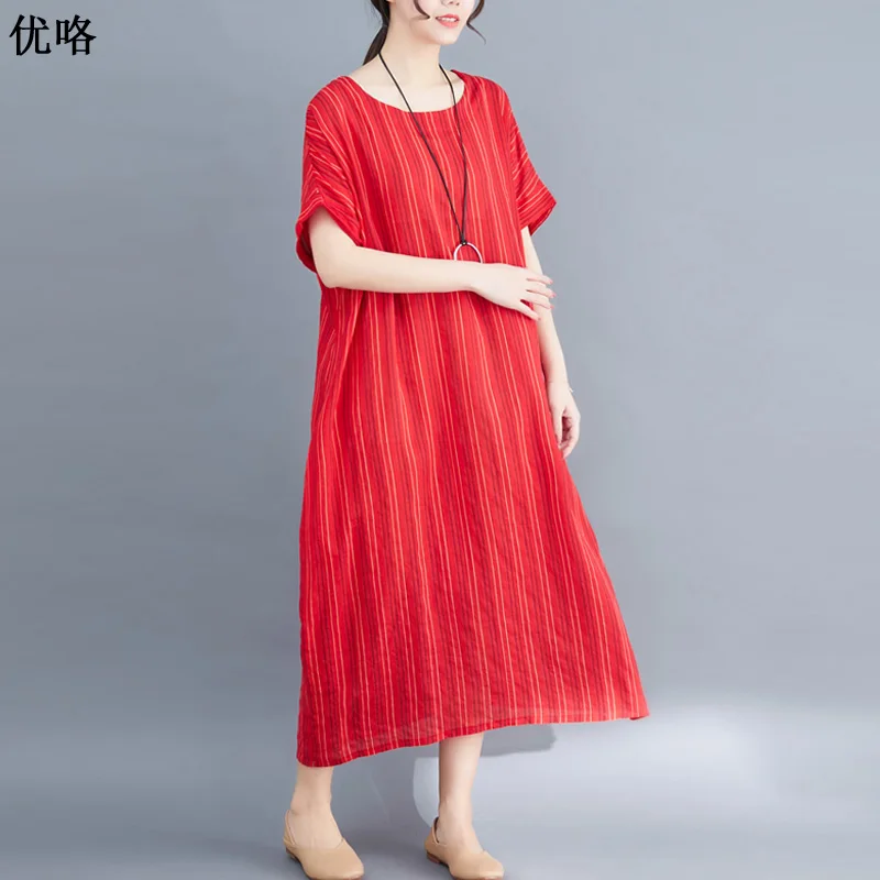 Women Korean Cotton Linen Long Dress Retro Plus Size Striped Dress