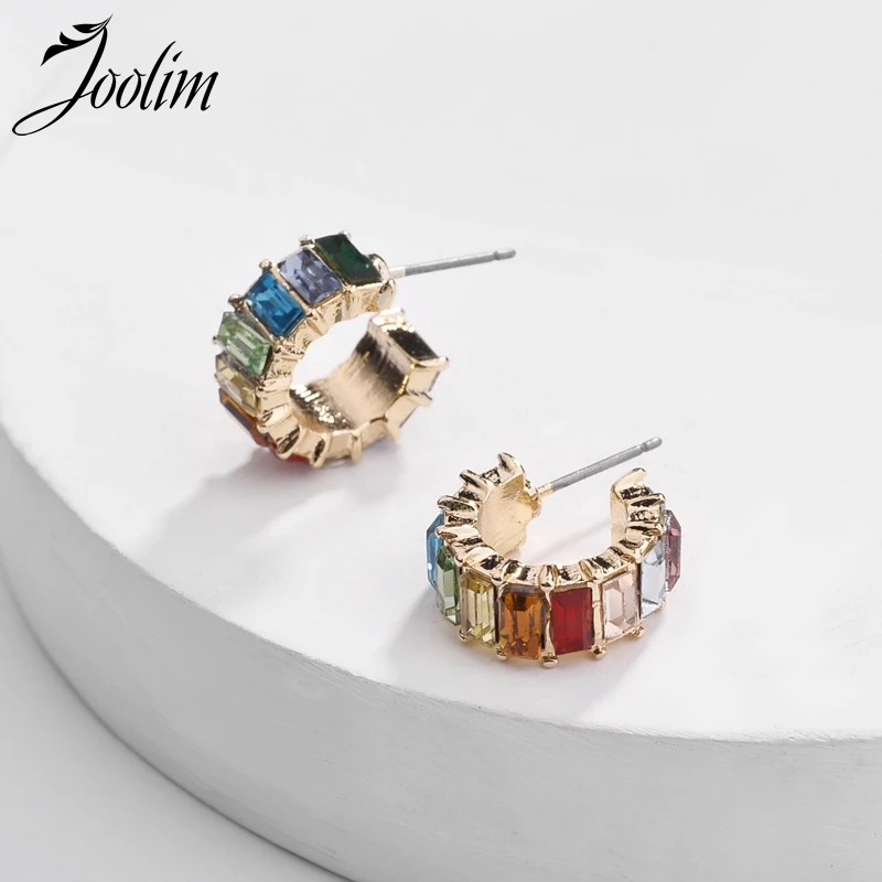 

JOOLIM Colorful Glass Pave C Shape Hoop Earring Elegant Earring