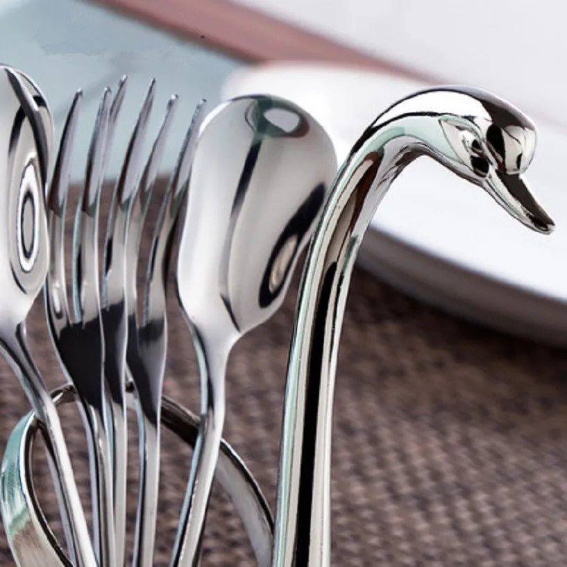Creative Swan Stainless Steel Fruit Fork Set Base Western Tableware Coffee Spoon Combination Table Art Quality Material