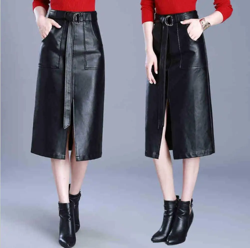 Женская кожаная юбка, черная длинная сексуальная юбка-карандаш, Женская Офисная черная облегающая юбка с высокой талией, длинная юбка-карандаш, размер S-4XL