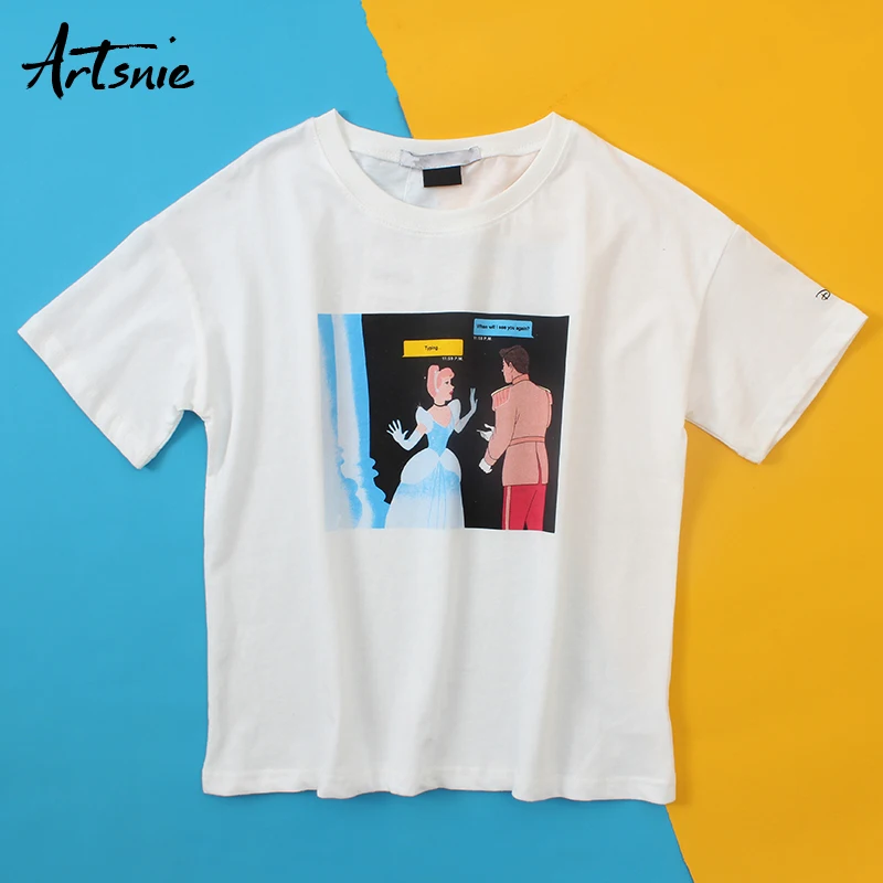 

Artsnie summer 2019 white cartoon print women t shirt o neck short sleeve streetwear casual tops female knitted t-shirts mujer