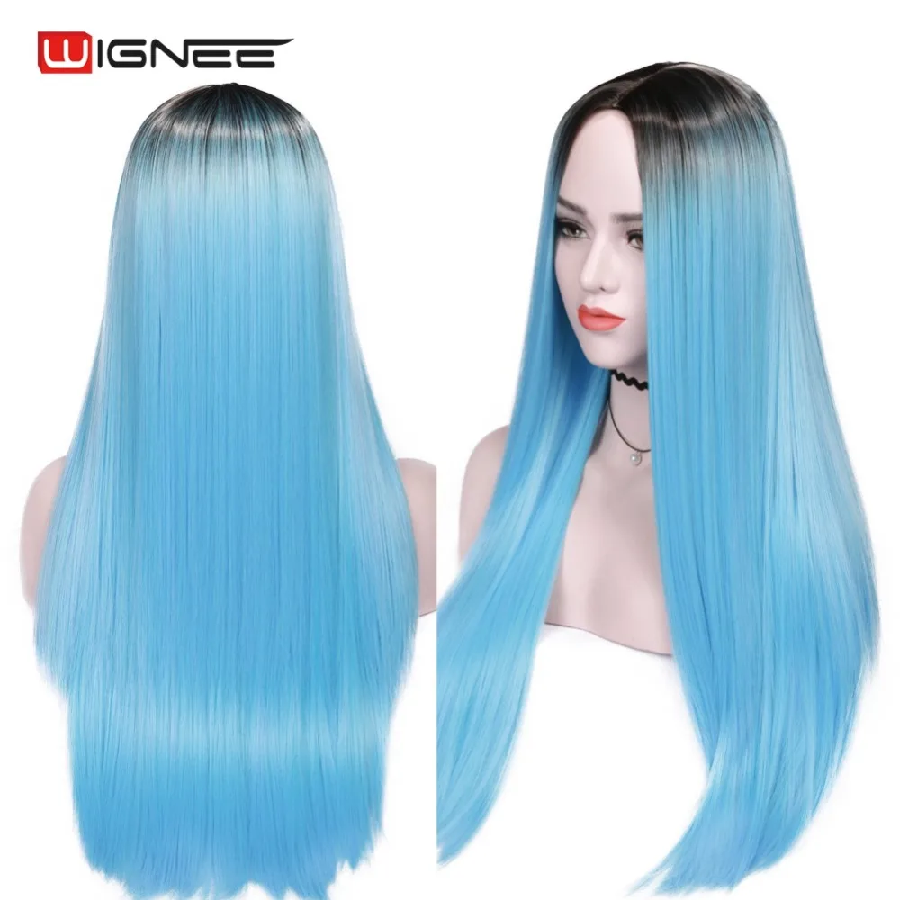 

Wignee Ombre Blue Long Straight Hair Synthetic Wigs For Women High Temperature Heat Resistant Daily/Party Glueless Cosplay Wigs