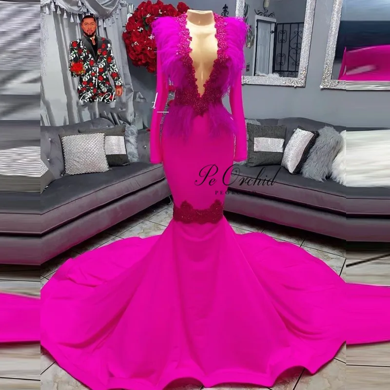 PEORCHID Elegant Fuchsia Evening Dress Long Sleeves Deep V Neck Satin Abendkleider 2019 Feather Lace Mermaid Trumpet Formal Gown PEORCHID Elegant Fuchsia Evening Dress Long Sleeves Deep V Neck Satin Abendkleider 2019 Feather Lace Mermaid Trumpet Formal Gown