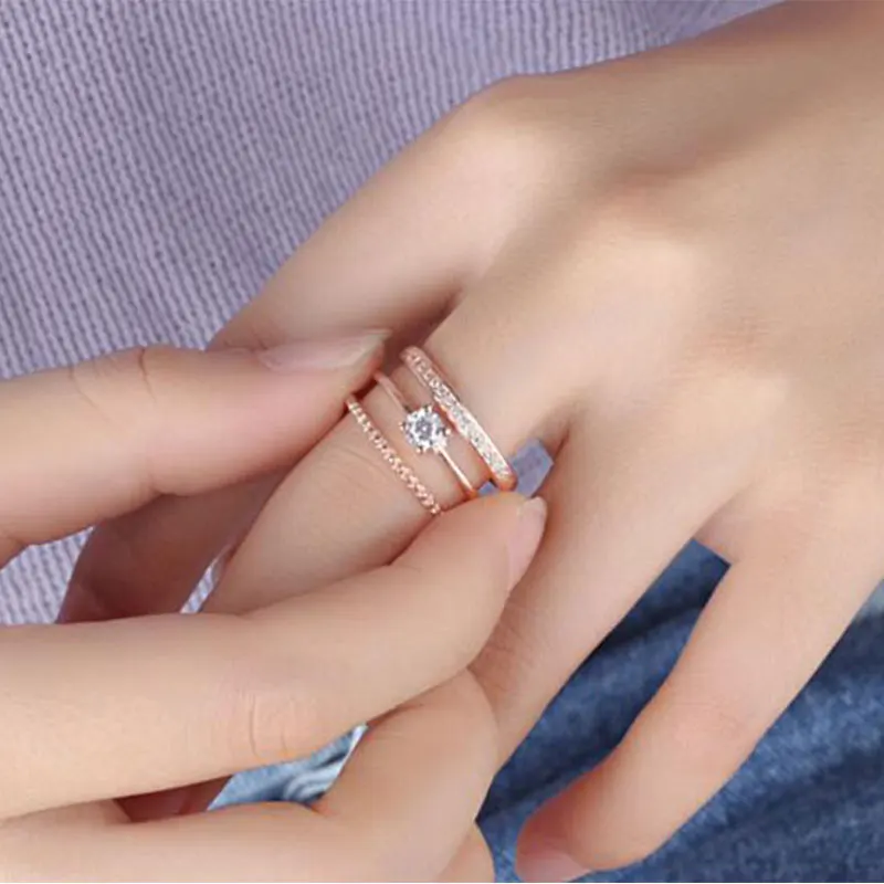 Anenjery трендовые корейские стильные 925 пробы серебряные Многослойные Свадебные Кольца для женщин сверкающий Циркон Кристалл открытие кольцо S-R239 - Цвет основного камня: Rose Gold