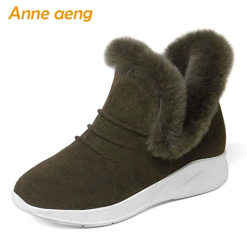

2018 New Winter Women Cow Suede Snow Boots Middle Heel Round Toe Rabbit Fur Sexy Ladies Casual Women Shoes Green Ankle Boots