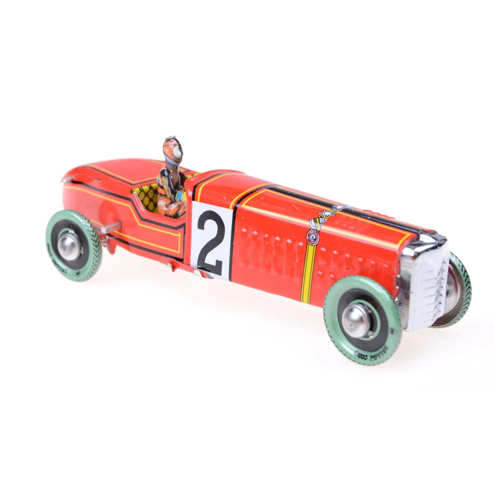 1Pc Iron Metal Handicraft Vintage Windup Classic Red Race Car Model Clockwork Tin Vehicle Toy Collectable Gift