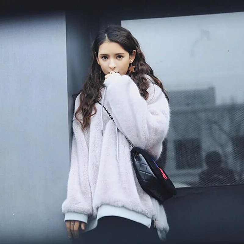 Winter Faux Fur Jacket women Warm Velvet Hooded Hoodies Cap Hoody Outwear loose fur coat