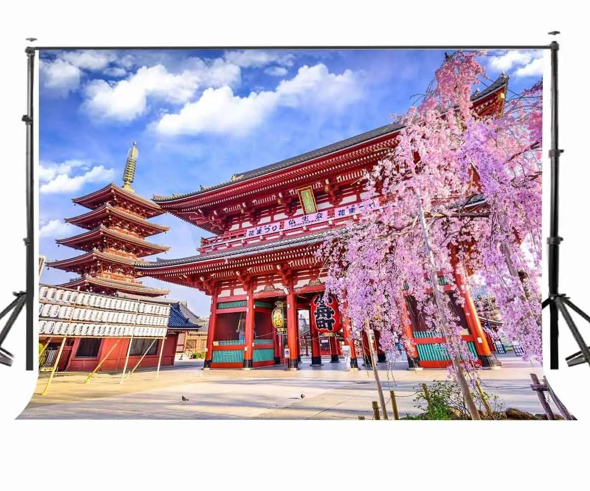 

7x5ft Japanese Architecture Backdrop Romantic Cherry Photography Background Photo Shooting Props