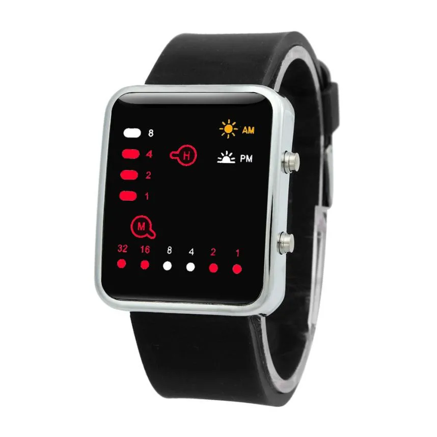 Новые дизайнерские женские мужские цифровые красные светодиодный спортивные часы Binary наручные часы, силиконовый 327