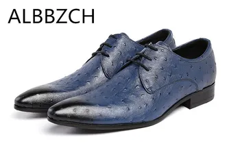 

New mens dress shoes ostrich pattern genuine leather wedding shoes men derby black blue fashion trend business leisure man shoes