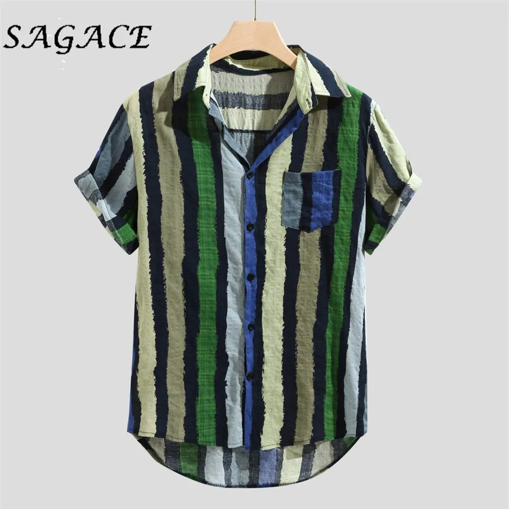SAGACE одежда уличная Мужская футболка винтажная Мужская хлопковая футболка с забавным принтом летний топ свободные Гавайские мужские полосатые рубашки