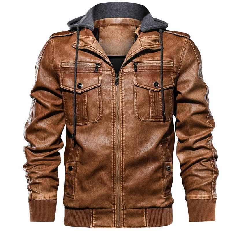 New Fashion Hooded Leather Jacket Men Casual Pockets Biker Motorcycle PU Faux Leather Coats Zipper Bomber Jackets jaqueta couro