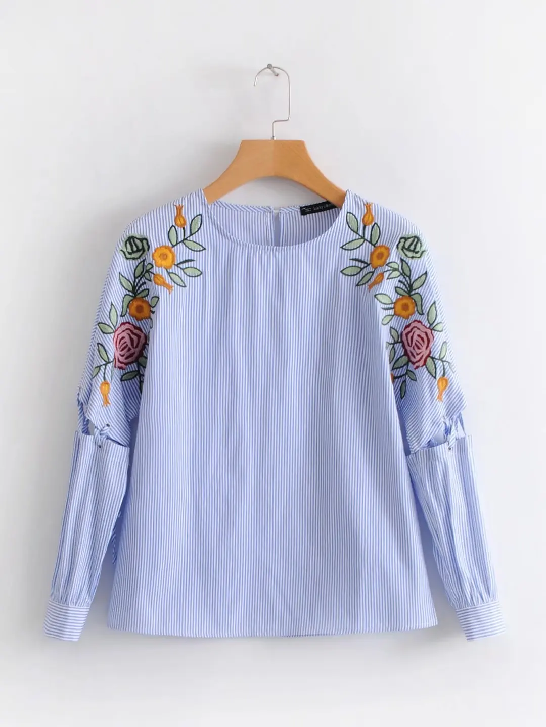 

2018 spring new European and American style stripes printing heavy flower embroidery sleeve strap shirt