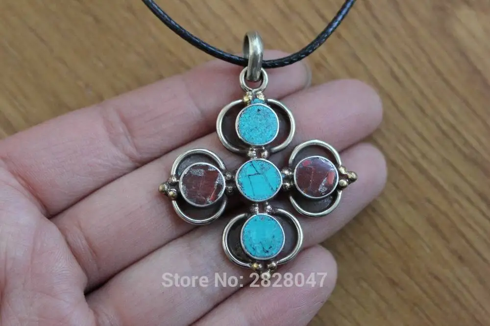 Antique Brass Inlaid Turquoise Nepal Handcrafted Dorje Tibetan Buddhist