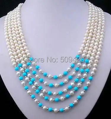 

Free Shipping>>>Beautiful 5 row turquoise white pearl necklace 6-7mm