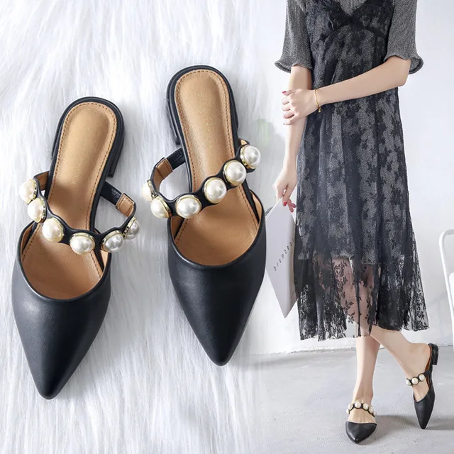 Bout Beige Chaussures Perle Sur Marque Sandales Mules Pantoufles 2019 Casual Faible Talon noir Pointu Carré Diapositives Slip N675 Femmes T47nq1wFR
