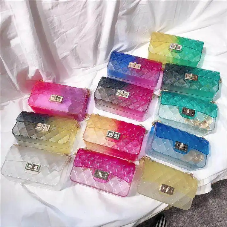 Bolsa de Geléia Bolsa do Mensageiro Bolsa Feminina Xadrez Transparente Gradiente Doces Cor Crossbody Bolsas Desenhados Senhoras Ombro Corrente Pvc