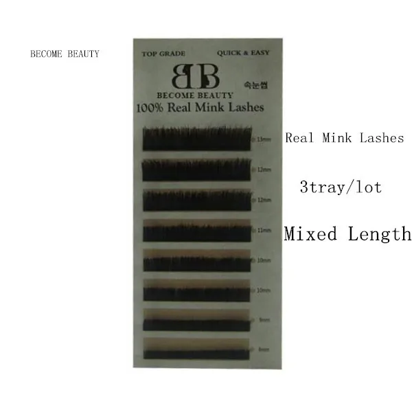 

3tray/lot 100% Real Mink Lashes mix length one tray , Handmade Eyelash Extension Grafted eyelashes Natural curl Free Shipping