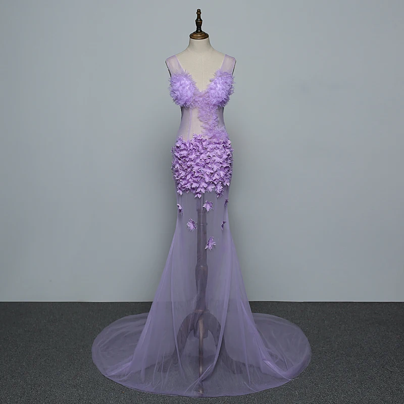

Purple Flowers Mesh Sleeveless See Through Long Dress Women's Birthday Bar Prom Clothes Nightclub Women Singer Dance Show Dress