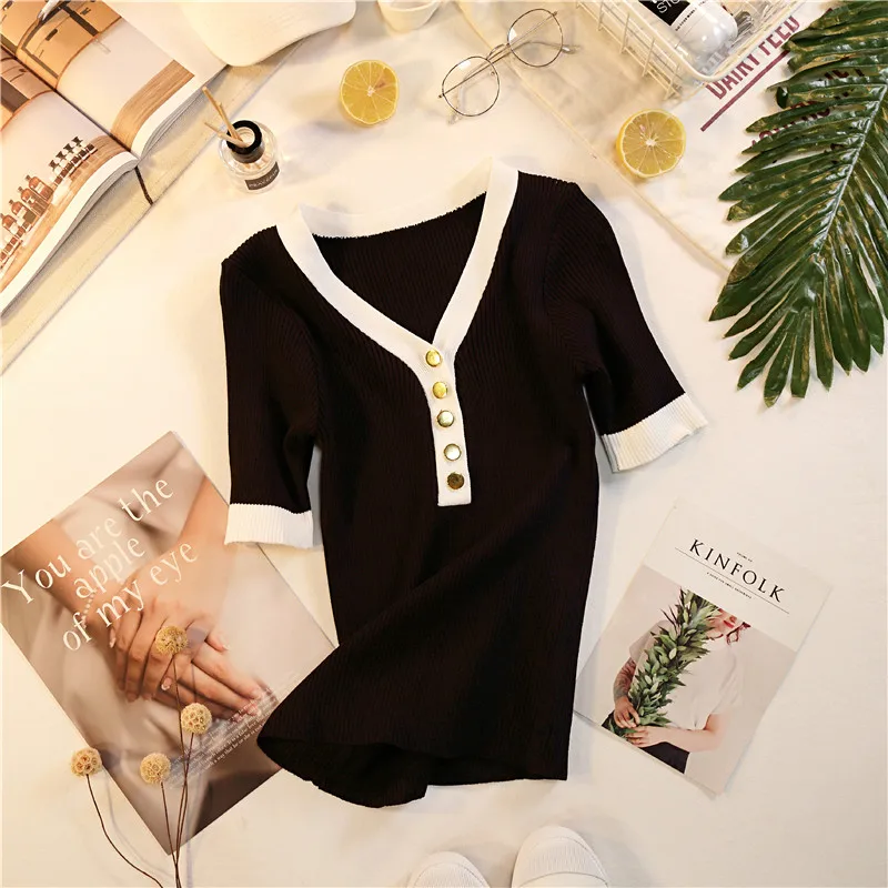 الصيف المرأة الخامس الرقبة محبوك قصيرة الأكمام والقمصان قمم الفتيات الحياكة بسط غمد أزرار تيز T قميص للإناث الصيف المرأة الخامس الرقبة محبوك قصيرة الأكمام والقمصان قمم الفتيات الحياكة بسط غمد أزرار تيز T قميص للإناث